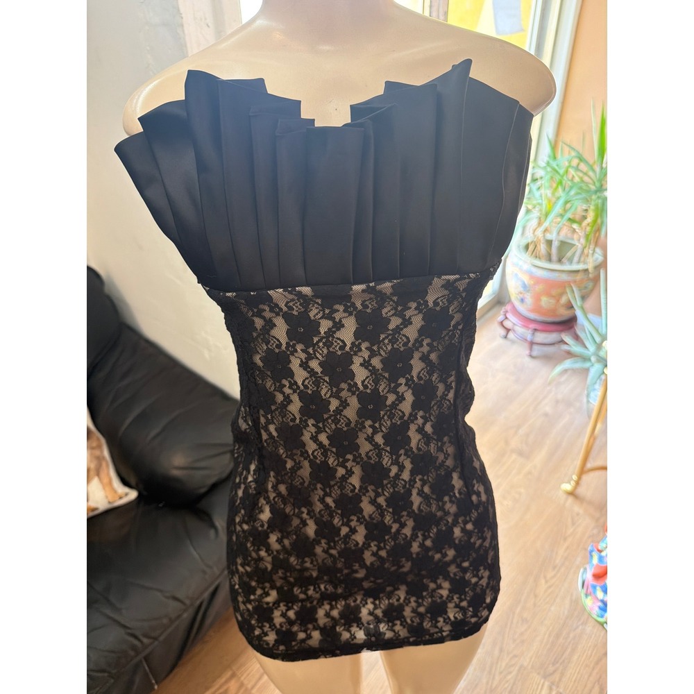 Icon Black Lace Strapless Mini Dress Pleated Bust Bodycon Cocktail Party Size S - Picture 2 of 9